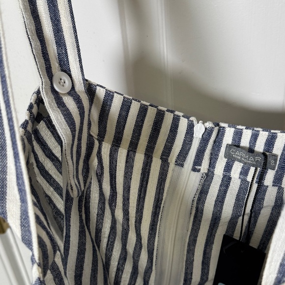 CARMAR Blue White Striped Overall Skirt Dress Linen Suspender Mini NWT 8 - Picture 9 of 10